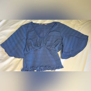 Blue Womens SO Goods For Life Blue V-Neck Short Sleeve Tiered Peplum Top SIZE XS